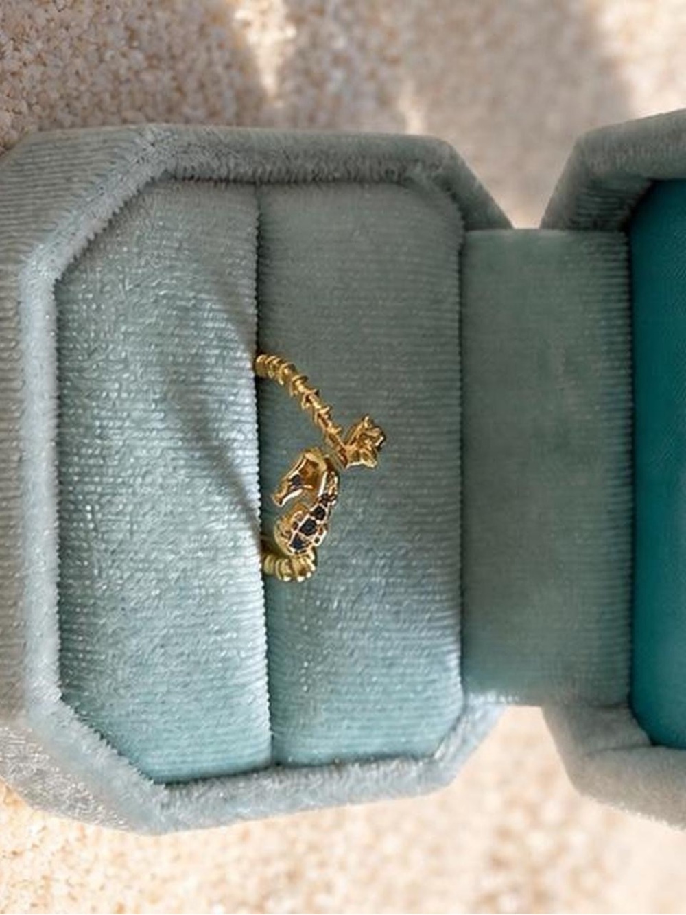 Gold Tone Blue Crystal Seahorse Ring